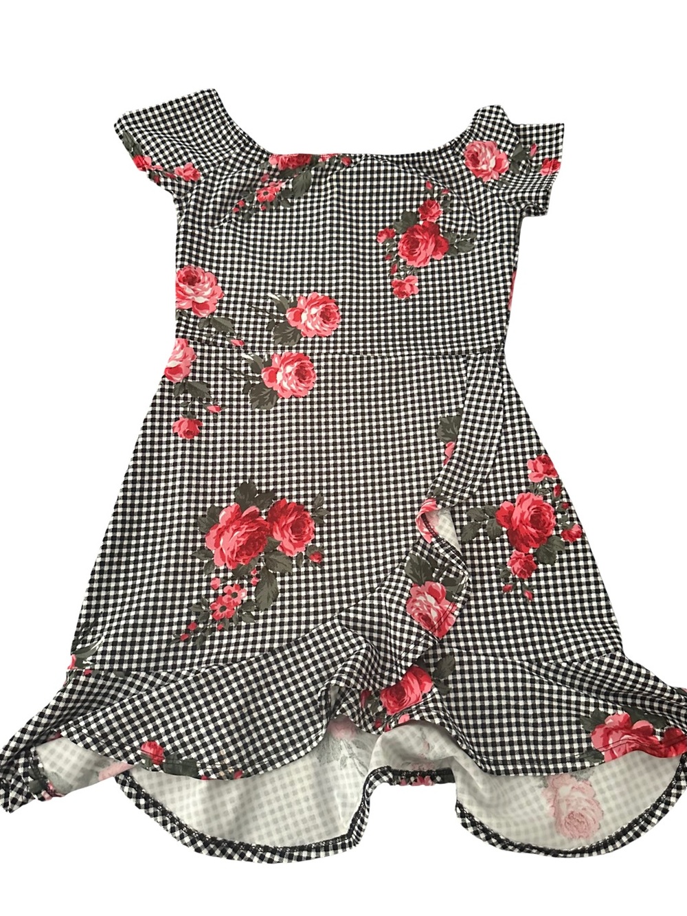 Black & White Dress with Red Rose Print
